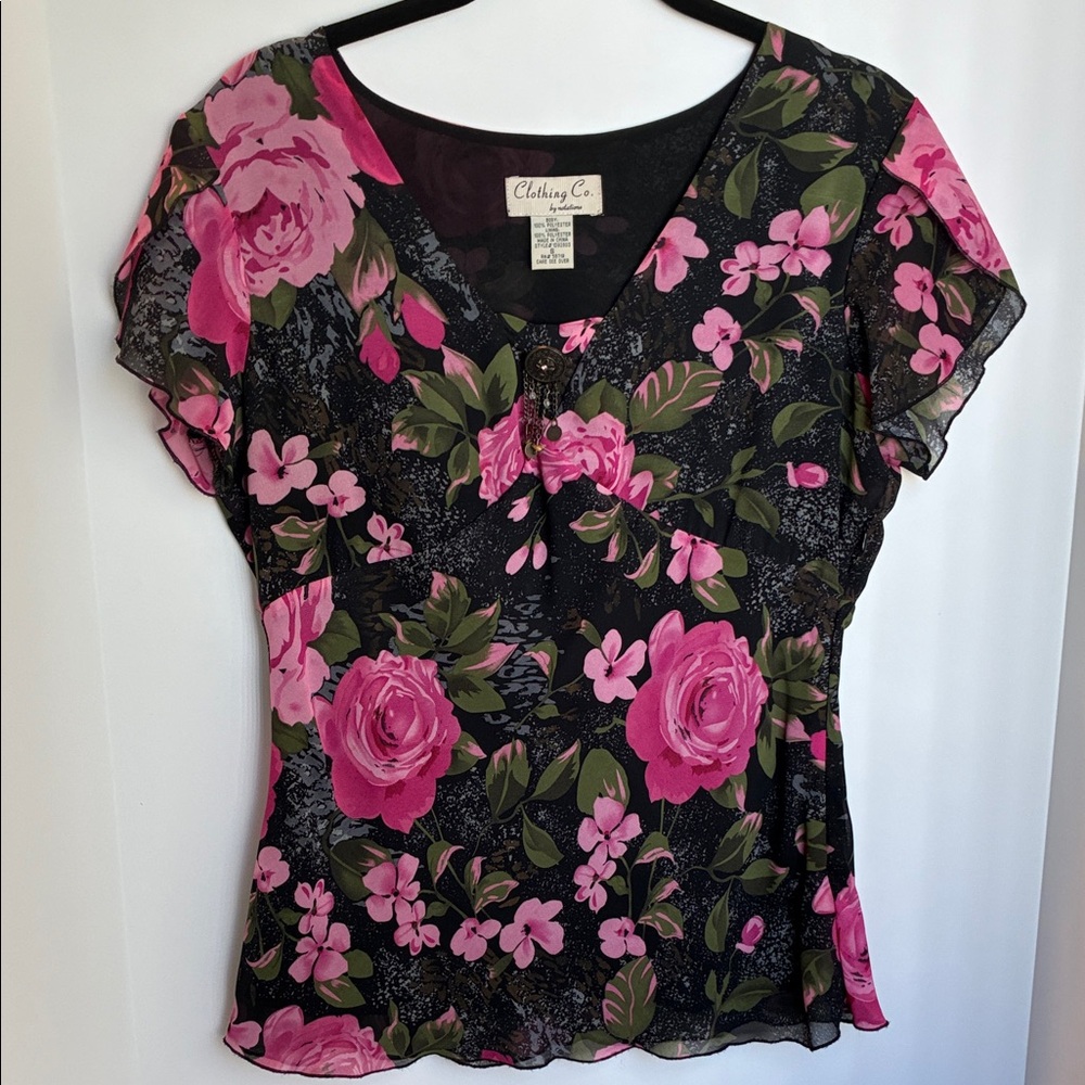 Notations Black and Pink Floral Blouse